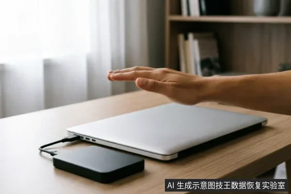 一只悬停在闭合笔记本电脑上方的手，电脑侧面连接着一个黑色的外接移动硬盘，背景为模糊的书架和窗帘。画面展示了外部存储设备连接电脑的场景，未展示任何内部拆解或维修操作。