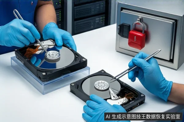 白色防静电桌面上,戴蓝色手套的双手正用镊子操作两块打开外壳的机械硬盘,可见盘片、主轴和磁头臂。右侧为挂有红色挂锁的银色金属防震箱,背景可见服务器机柜。
