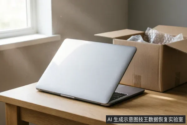 一台银色笔记本电脑半开合放置在木质桌面上，旁边有一个打开的纸箱，箱内装有气泡缓冲膜。阳光从左侧窗户射入，营造出刚搬家或拆箱的场景氛围。