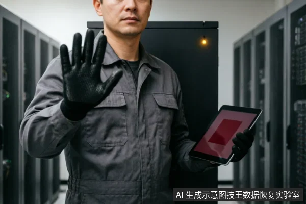 一名身穿灰色工装、戴黑手套的技术人员站在服务器机柜前,左手举起做出停止手势,右手持平板电脑,屏幕显示红色警示方块,象征数据恢复过程中遇到风险需立即停止操作。