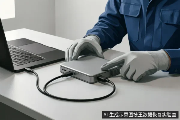 一名身穿蓝色工装并佩戴防静电手套的技术人员，正在白色桌面上操作连接笔记本电脑的银色外接硬盘盒。画面重点展示了双手稳固地按压设备并按住数据线接口的动作，体现了检查外部连接与插拔线缆的专业规范。