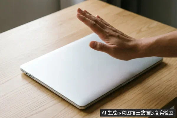 一只手掌悬停在闭合的银色笔记本电脑上方,呈现出阻止或拒绝接触的姿态。电脑静置于浅色木纹桌面上,画面通过手部动作直观传达出“停止操作”、“禁止写入”或“保持设备静止”的含义,契合数据恢复中防止二次污染的主题。