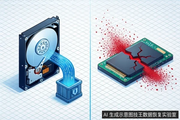 白色网格背景上,左侧为打开外壳的机械硬盘,蓝色数据流从盘片流向下方蓝色存储盒;右侧为表面开裂并伴有红色破碎特效的固态硬盘。
