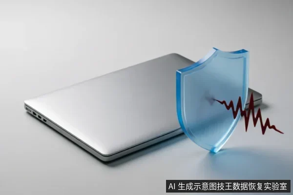 一台闭合的银色笔记本电脑旁竖立着一个半透明的蓝色盾牌，一道红色的锯齿状波形（象征异常噪音或信号干扰）正撞击在盾牌表面并被阻挡。