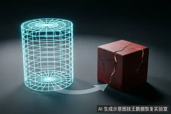 画面展示了一个发光的青色线框圆柱体,通过箭头指向一个表面布满裂纹的红褐色立方体。该图像以抽象方式表现了从逻辑结构到物理损坏或数据损坏状态的转换与关联。