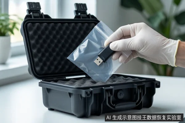白色桌面上,一个打开的黑色防震箱内铺有防震泡沫。一只戴白色手套的手正握持一个装有黑色U盘的透明自封袋,悬停在防震箱上方。背景可见模糊的窗户和绿植。