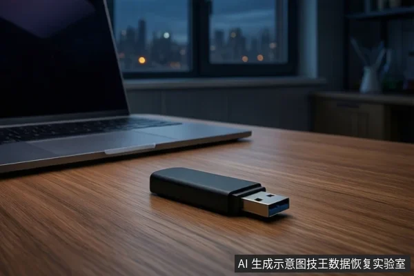 木质桌面上平放一台黑屏笔记本电脑和一个黑色U盘,U盘USB接口朝外,背景是模糊的城市夜景窗户,画面中没有人员操作。