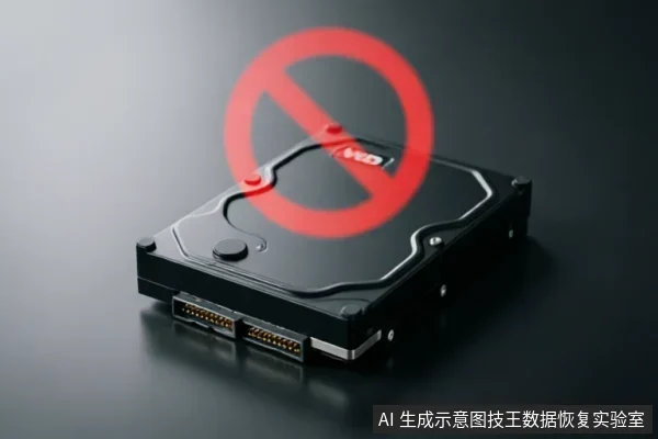 一块黑色的WD机械硬盘放置在深色反光平面上,硬盘上方悬浮着一个巨大的红色禁止符号,直观地警示用户停止通电、扫描或写入等危险操作。