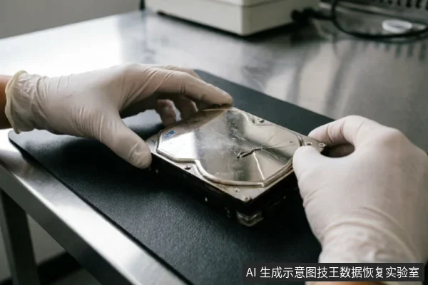 戴着白色防护手套的双手正在黑色防静电垫上检查一块金属外壳有明显划痕和凹陷的机械硬盘。背景为专业工作台面，展示了数据恢复过程中对受损存储介质的物理评估与无尘操作场景。