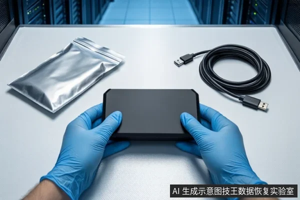 洁净室白色桌面上,戴蓝色手套的双手正持握一个黑色移动硬盘盒,左侧平放一个银色防静电袋,右侧盘绕一根黑色USB数据线,背景可见服务器机柜。