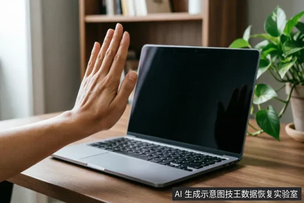 画面展示了一只手在木质桌面上伸出,手掌朝向一台打开的银色笔记本电脑,做出明显的停止或拒绝手势。电脑屏幕呈黑色关闭状态,背景可见书架和绿植,示意面对硬件故障时应立即停止操作并断电保护。