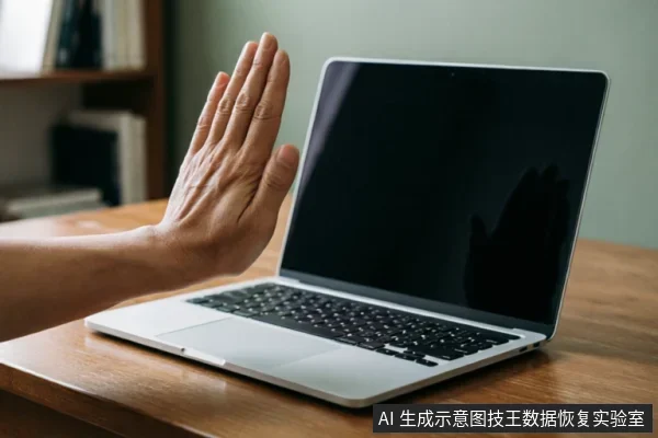 画面展示了一只手在笔记本电脑前做出明显的停止手势,掌心向外,示意拒绝或暂停。电脑屏幕黑屏且无文字显示,置于木质桌面上。该画面直观地传达了“立即停止操作”、“禁止通电”及“避免自行尝试修复”的警示含义,与段落中强调的保护原始状态、等待专业介入的核心原则高度契合。