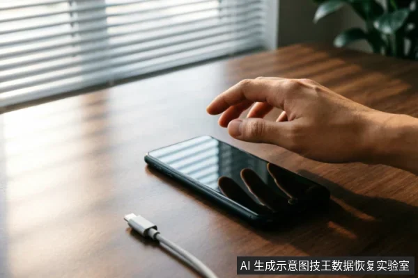一只悬停在平放于木桌上的黑色智能手机上方的手,手机旁放置着一根未连接的白色充电线。背景为百叶窗,光线柔和,画面展示了设备闲置且未连接电源的状态。
