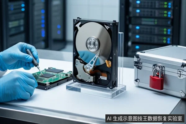 白色防静电桌面上，戴蓝色手套的双手正用螺丝刀操作一块平放的硬盘电路板，中间透明底座上竖立一块打开外壳的机械硬盘，右侧为挂有红色挂锁的银色金属防震箱，背景可见服务器机柜。