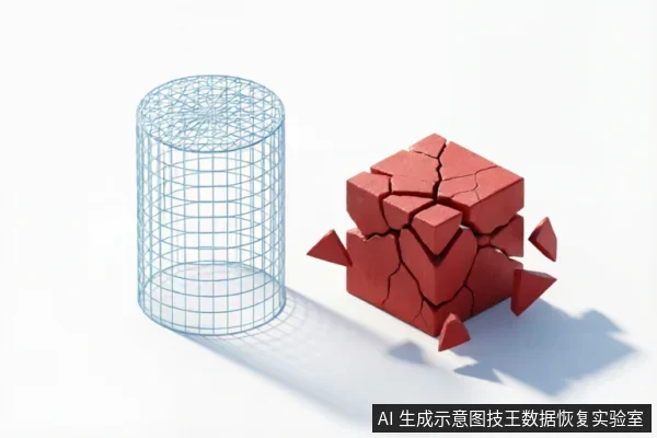 画面左侧为一个完整的蓝色线框圆柱体,右侧是一个表面布满裂纹且正在崩解破碎的红色立方体。两者并排置于白色背景上,通过完整与破碎的形态对比,直观展示了数据介质在遭受写入覆盖后从完好走向损坏的状态。