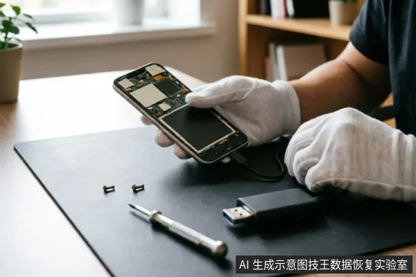 一名戴着白色防静电手套的技术人员正在检查一部拆开后盖的安卓手机内部结构。黑色工作垫上摆放着精密螺丝刀、取出的螺丝以及一个USB接口设备，展示了硬件层面的数据介质保护与检测环境。