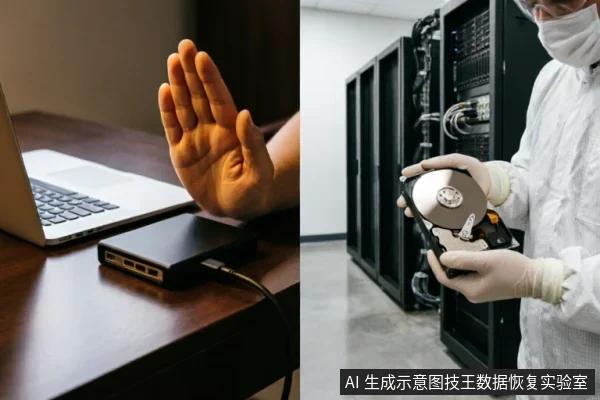 左侧画面展示一只手在连接着移动硬盘的笔记本电脑前做出停止手势,象征立即停止写入操作;右侧画面为身穿防尘服的技术人员手持裸露机械硬盘,背景为服务器机柜,代表专业数据恢复环境。