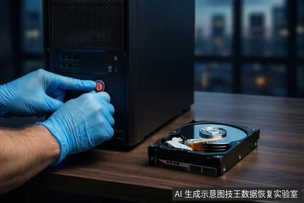 戴蓝色手套的双手正在按压黑色塔式主机正面的红色电源按钮,木质桌面上平放一块打开外壳的机械硬盘,背景为模糊的城市夜景。