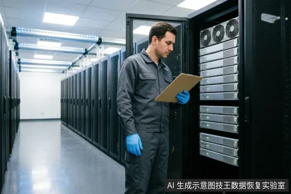 一名身穿灰色工装、戴着蓝色手套的技术人员站在数据中心服务器机柜前,手持写字板正在检查机架式服务器的运行状态。