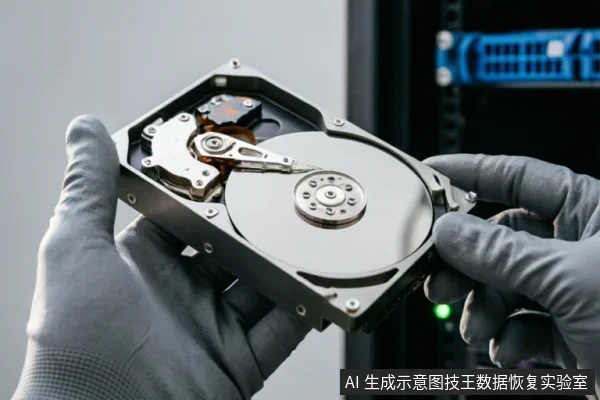 戴着灰色防静电手套的双手托举着一台已打开外壳的机械硬盘，清晰展示了内部的磁盘盘片、读写磁头臂及主轴结构。背景模糊可见带有蓝色理线架的服务器机柜，暗示了专业数据恢复或硬件检测环境。
