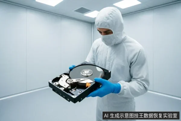 一名身穿白色连体洁净服、佩戴蓝色手套的技术人员，在洁净室环境中双手托举一块已打开外壳的机械硬盘。技术人员正低头专注检查裸露的磁盘盘片与读写臂结构，展示了专业数据恢复场景下的硬件检测过程。