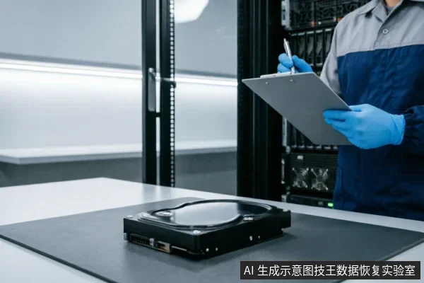 一名身穿蓝灰工作服、戴蓝色手套的技术人员手持写字板和笔,正在记录数据。前景桌面上平放着一块黑色机械硬盘,背景为服务器机柜,展示了数据恢复过程中的专业评估与检测场景。