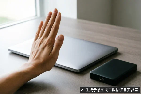 画面展示了一只手在木质桌面上做出明显的“停止”或“拒绝”手势，手掌张开正对一台闭合的银灰色笔记本电脑，旁边放置着一个黑色的外接存储设备。整体传达出立即停止操作、禁止读写及保护现场的含义。
