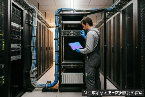 一名身穿工装的技术人员站在服务器机房内,手持平板电脑检查打开的服务器机柜。画面展示了整齐排列的黑色机架、密集的蓝色线缆以及正在运行的硬件设备,体现了专业数据中心的运维环境。