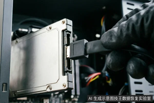 一只戴着黑色防静电手套的手,正将一根SATA数据线插入安装在台式机机箱内的银色固态硬盘接口中,背景可见机箱内部结构及线缆。