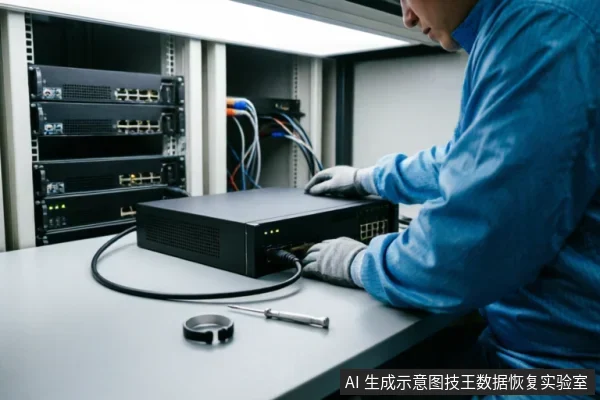 一名身穿蓝色工作服、戴手套的技术人员正在工作台上操作一台黑色网络存储设备,连接线缆。背景可见服务器机柜,台面上放有螺丝刀和金属卡箍,呈现专业硬件检测环境。
