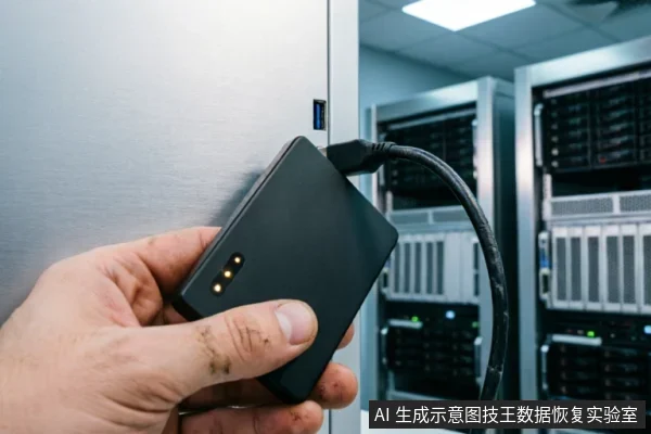 一只沾有污渍的手正握持黑色移动硬盘,将其通过USB线连接至银色机柜的接口上。背景为模糊的数据中心服务器机架,展示了硬件设备的物理连接与检测场景。