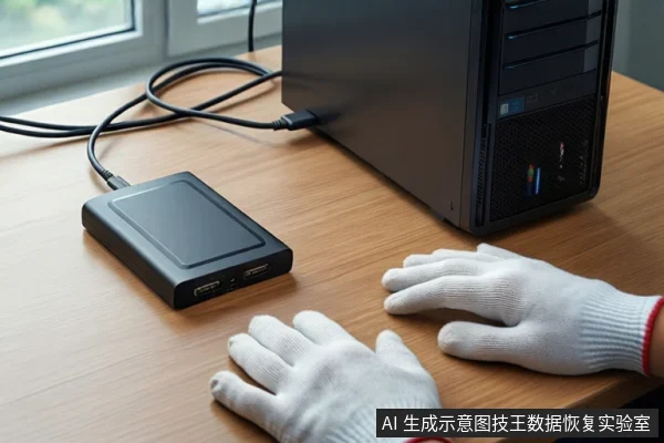 木质桌面上,一个黑色移动硬盘通过线缆连接至右侧的黑色台式主机。前景中,一双戴着白色手套的手平放在桌面上,背景可见模糊的窗户。