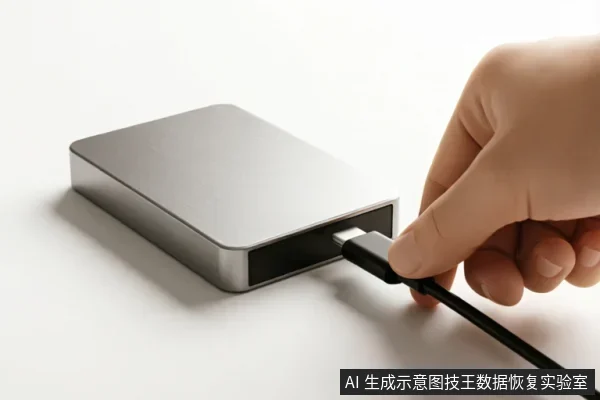 画面展示了一只手正将黑色USB数据线插入银色金属外壳的移动硬盘接口中,特写呈现了外部连接链的物理插拔动作。