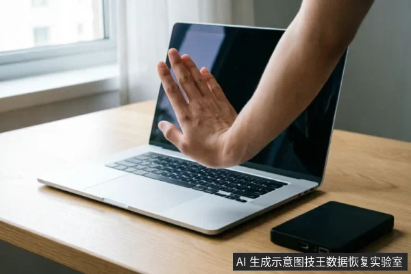 一只手掌在笔记本电脑屏幕前做出停止手势,示意拒绝操作。木质桌面上放置着一台银色笔记本电脑和一个黑色移动硬盘,背景为窗户,直观表达在硬盘故障时立即停止通电与扫描的警示含义。