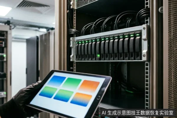 一只戴着黑色手套的手在服务器机房内持握平板电脑,屏幕显示蓝绿橙三色的数据状态网格。背景为机架式服务器设备,硬盘托架上的绿色指示灯亮起,展示了专业环境下的硬件监控与数据排查场景。