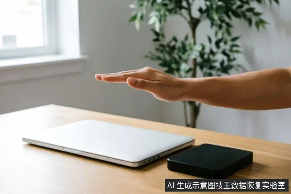 一只手掌悬停在闭合的银色笔记本电脑和黑色移动硬盘上方，做出停止或禁止的手势。画面简洁，强调在设备异常时立即停止操作、避免进一步写入的风险提示。