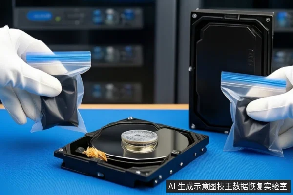 蓝色防静电垫上平放一块打开外壳的机械硬盘，可见盘片与主轴电机。左右两侧各有一只戴白色手套的手，分别握持一个装有黑色物体的透明自封袋，悬停在硬盘上方。背景为模糊的服务器机柜。