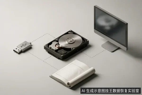 画面展示了数据恢复的排查流程:左侧为USB转接适配器,中间是拆解外壳露出盘片与磁头的机械硬盘,右侧连接着显示器,下方放置一本记录本。虚线将各组件相连,示意物理连接检查与故障现象记录的过程。