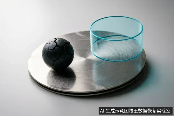 一个表面布满裂纹的黑色球体静置于金属圆盘上，旁边立着一个半透明的蓝色圆柱形容器。画面通过破碎的实体与透明容器的对比，隐喻数据介质的物理损坏及隔离保护的概念。