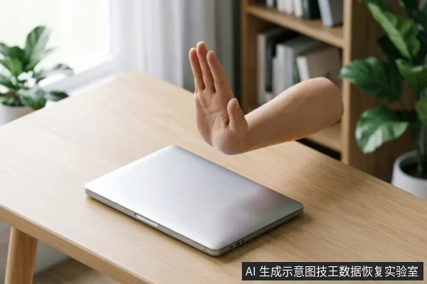 一只悬空的手掌在闭合的银色笔记本电脑前做出“停止”手势,示意拒绝操作。背景为木质桌面、书架及绿植,环境整洁明亮,传达出禁止通电或停止尝试的信息。