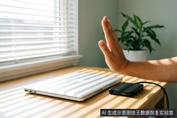 阳光透过百叶窗洒在木质桌面上，一台闭合的银色笔记本电脑旁连接着一个黑色移动硬盘。画面右侧伸出一只手掌做出明确的“停止”手势，示意立即中断操作或停止通电，强调对异常存储设备的保护性干预。