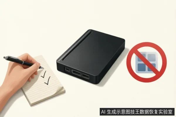画面展示了一只手正在笔记本上记录勾选信息,旁边放置着一个黑色移动硬盘。右侧有一个红色的禁止符号覆盖在代表软件或分区的图标上,示意禁止使用软件操作。整体传达了在存储设备故障时,应停止软件尝试并手动记录现状的含义。