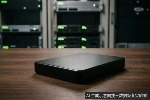 画面前景为放置在木纹桌面上的黑色移动硬盘,背景虚化显示带有绿色指示灯的服务器机柜设备。整体营造出专业数据恢复实验室或存储环境氛围,未展示具体操作细节。