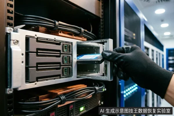 画面展示了一名佩戴黑色防静电手套的技术人员,正在数据中心机柜中操作热插拔硬盘托架。该动作直观表现了服务器存储硬件的物理维护或磁盘组件的更换过程,体现了数据恢复或底层存储管理的场景。