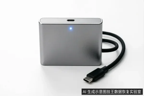 一个银色金属外壳的移动硬盘,正面亮着蓝色指示灯,顶部有一个接口,连接着一根黑色编织USB-C数据线,背景为纯白。
