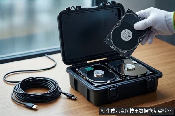 木质桌面上放置一个打开的黑色防震箱,箱内平放两块裸露机械硬盘。右侧一只戴白色手套的手正握持第三块机械硬盘,悬停在箱子上方。左侧桌面上平放一卷黑色USB线缆,背景为模糊的窗户。