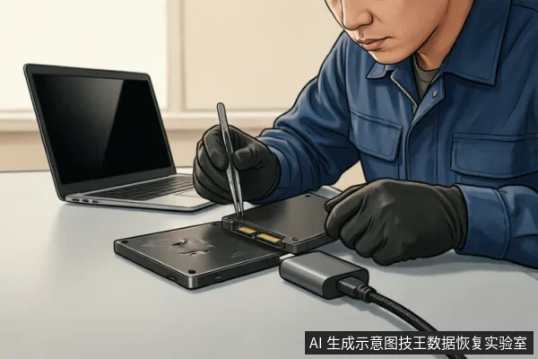 一名身穿蓝色工装、佩戴黑色防静电手套的技术人员,正使用镊子对一块已拆解的硬盘进行操作。硬盘连接着外部适配器,背景有一台笔记本电脑,展示了专业数据恢复环境下的硬件检测场景。