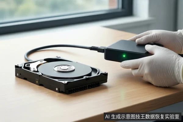 木质桌面上平放一块打开外壳的机械硬盘,右侧一双戴白色手套的手正握持一个黑色硬盘盒,硬盘通过黑色线缆连接至硬盘盒,背景为模糊的窗户。