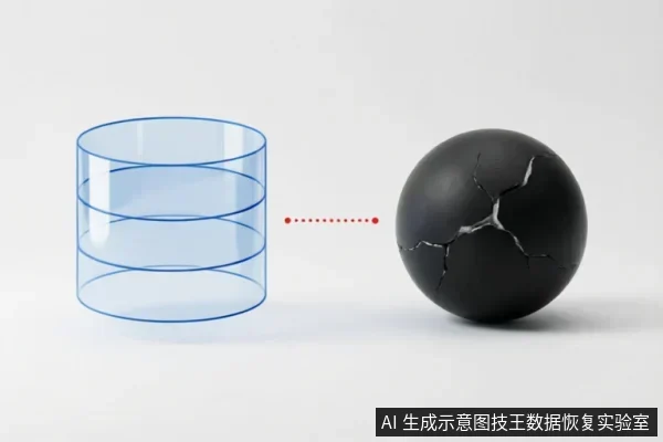 画面左侧为一个分层的蓝色透明圆柱体,象征逻辑数据结构;右侧为一个表面布满裂纹的黑色球体,象征受损的存储介质。两者之间由红色虚线连接,直观展示了从逻辑层面到物理介质故障的关联及区分。