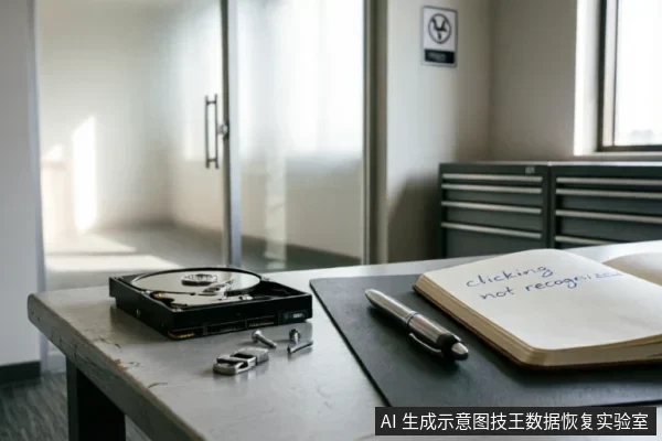 一张木质工作台上放置着已拆开上盖的机械硬盘,露出内部盘片与磁头组件。旁边散落着几颗螺丝和一个金属卡扣。右侧摊开的笔记本上用蓝色墨水手写着“clicking not recognized”(咔哒响无法识别),旁置一支银色钢笔。背景为带有玻璃门的房间及深色工具柜,呈现故障排查记录场景。